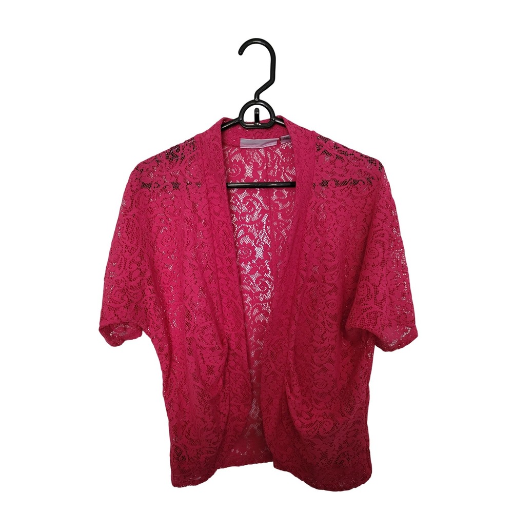 Sag Harbor Lace Cardigan Women Small Pink Short Sleeve Open Front Shrug Sheer